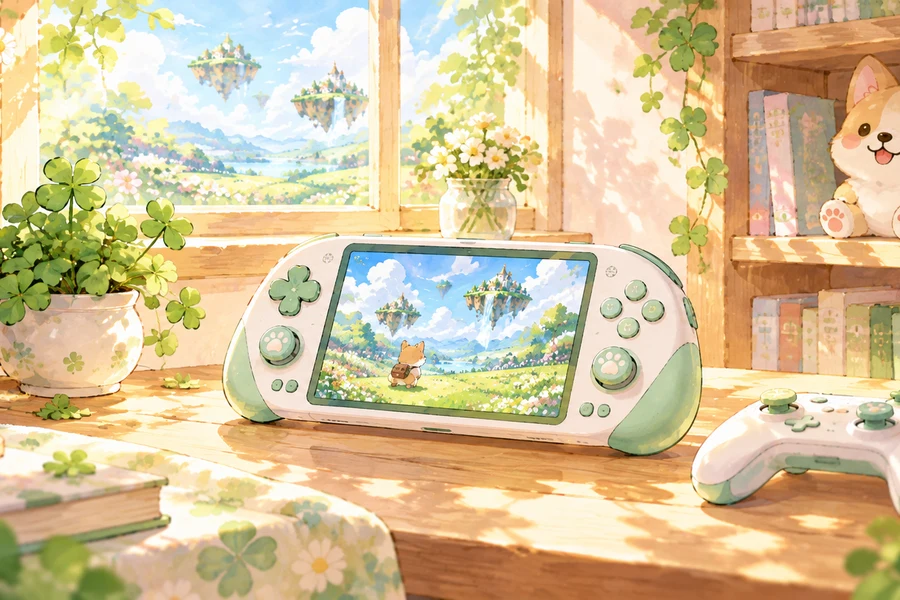 木の机に置かれた携帯ゲーム機とコントローラー